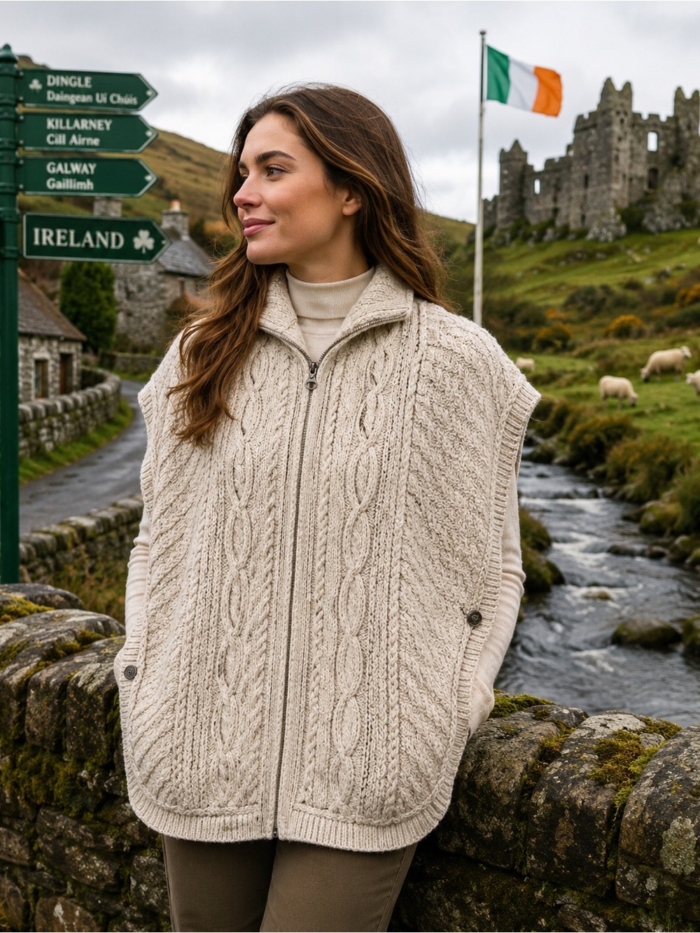 Vtg Irish Wool Cape Poncho Sweater Vest Cream Cable Knit Zip Front Ireland S/M